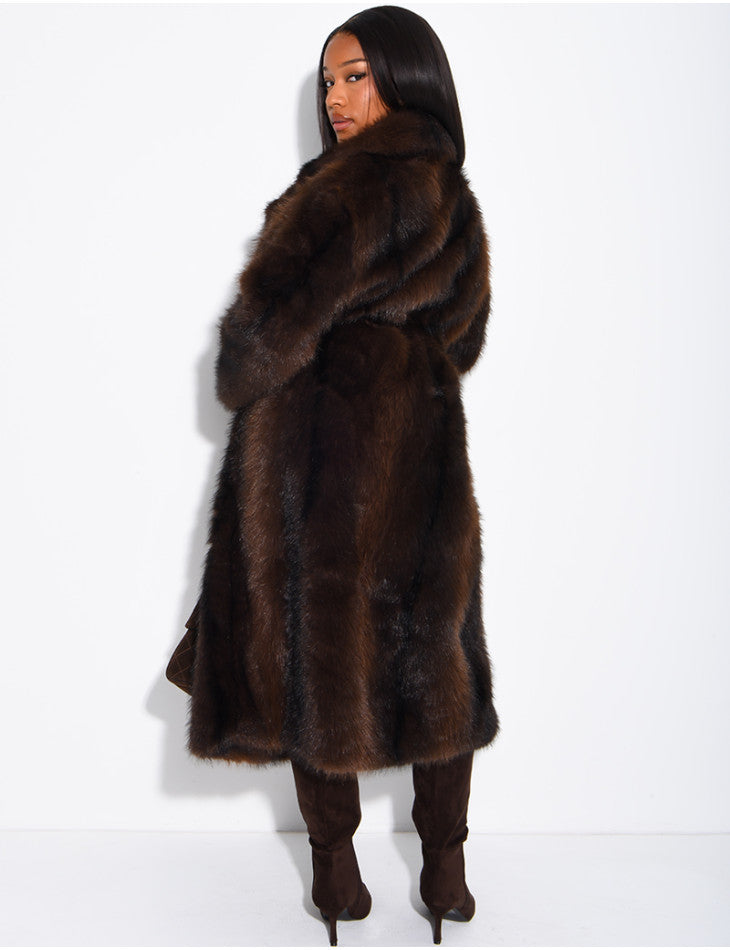 Mia Very long faux fur coat with belt
