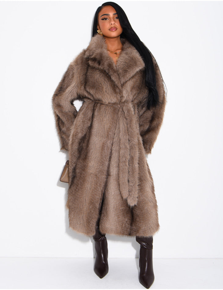 Mia Very long faux fur coat with belt