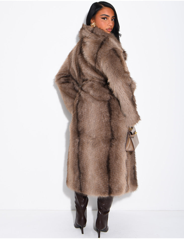 Mia Very long faux fur coat with belt
